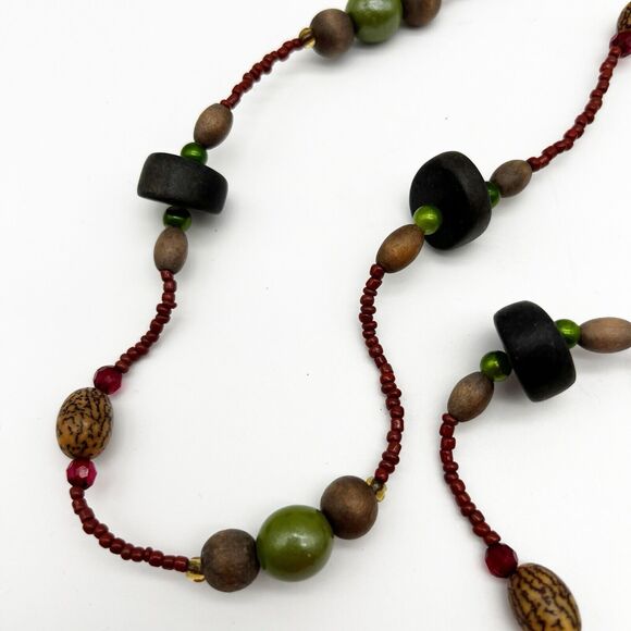 Multi Colored Wood Round Seed Bead Natural Nut Ethnic Long Necklace 58” - Picture 6 of 8